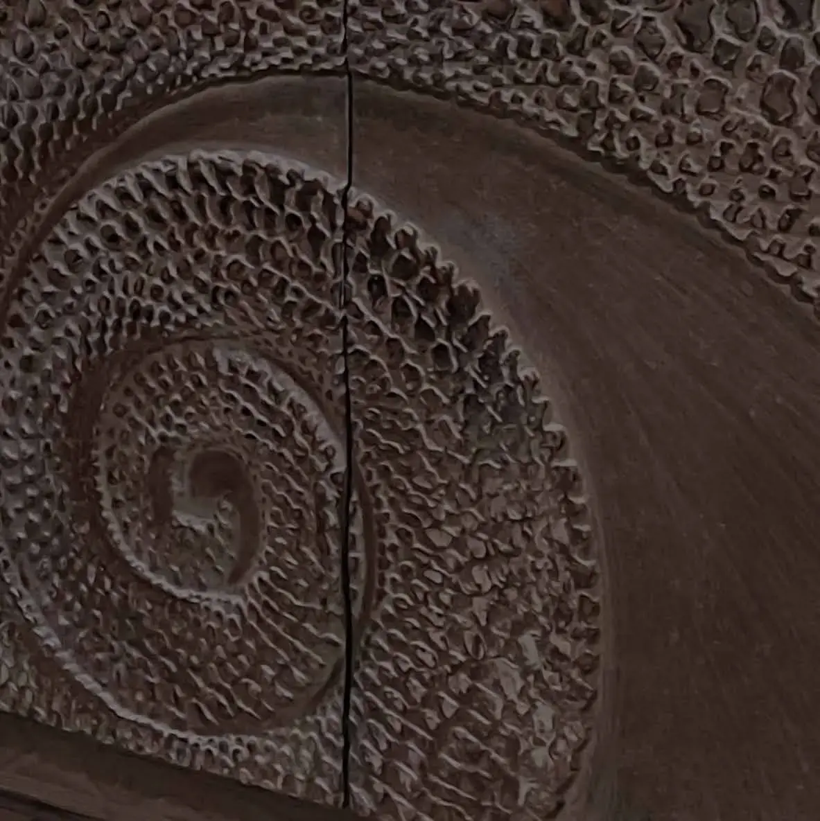 Detail of a dark timber cabinet door carved with a spiral and a dense honeycomb texture